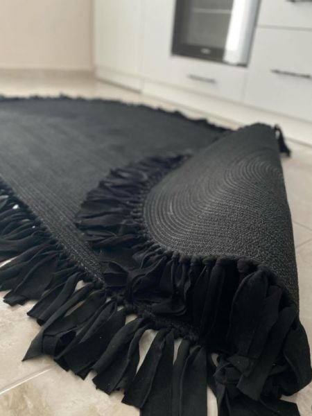 Milda 44 Siyah Jüt Hasırlı El Örgüsü Çift Taraflı Kilim Oval Jüt Halı 80x200