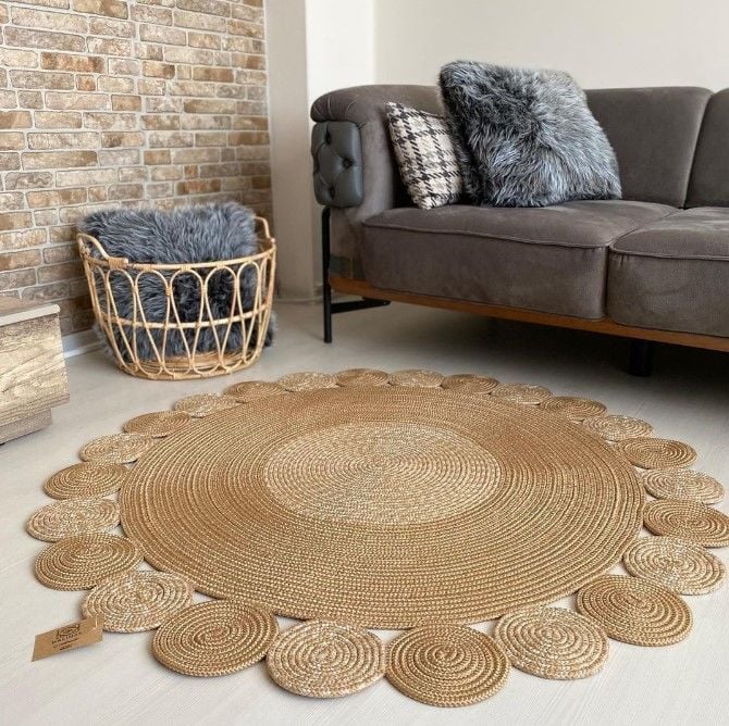 Milda 45 Jüt Hasırlı El Örgüsü Çift Taraflı Kilim Yuvarlak Jüt Halı