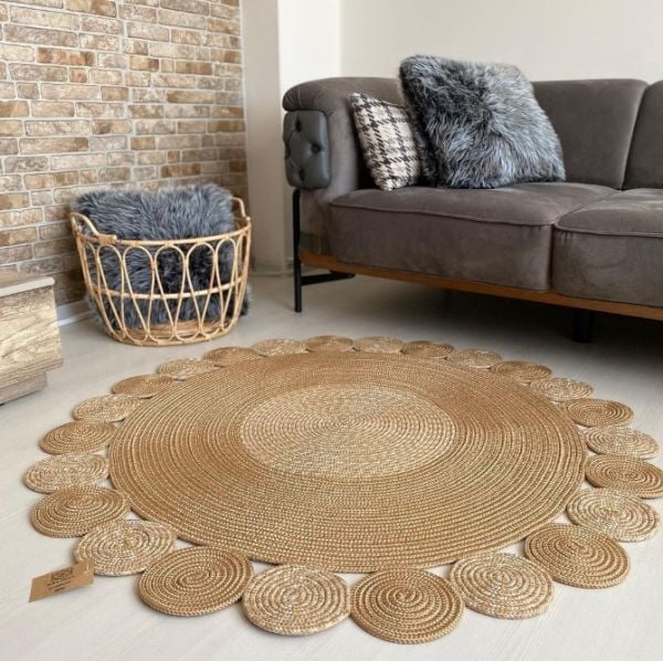 Milda 45 Jüt Hasırlı El Örgüsü Çift Taraflı Kilim Yuvarlak Jüt Halı