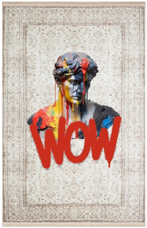 Drom Kaymaz Tabanlı Yıkanabilir Bej Wow Yazılı Heykel Figürlü Vintage Halı