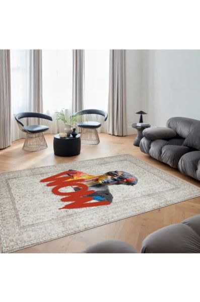 Drom Kaymaz Tabanlı Yıkanabilir Bej Wow Yazılı Heykel Figürlü Vintage Halı
