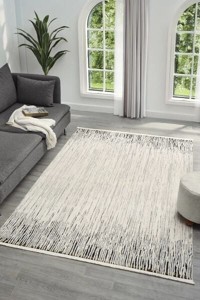 Seyran Halı Ahlat 7054 Siyah Çizgili Gri Akrilik Salon Halısı Yolluk Modern Akrilik Halı