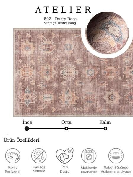 Atelier 502 Dusty Rose Eskitme Vintage Halı Etnik Dokuma Otantik Yıkanabilir Salon Mutfak Yatak Odası Koridor Halısı