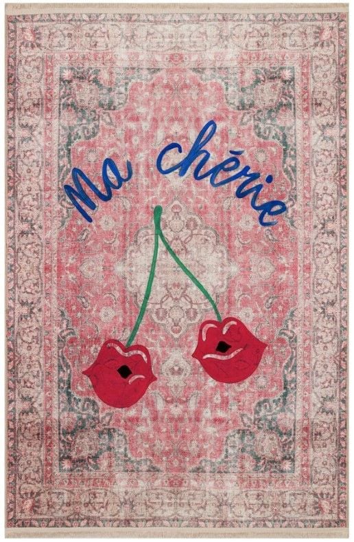 Drom Kaymaz Tabanlı Yıkanabilir Vintage Kırmızı Ma Cherie Yazılı Halı