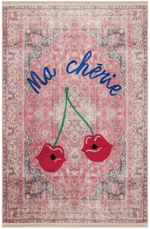 Drom Kaymaz Tabanlı Yıkanabilir Vintage Kırmızı Kiraz Ma Cherie Yazılı Halı Kilim