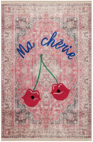 Drom Kaymaz Tabanlı Yıkanabilir Vintage Kırmızı Ma Cherie Yazılı Halı
