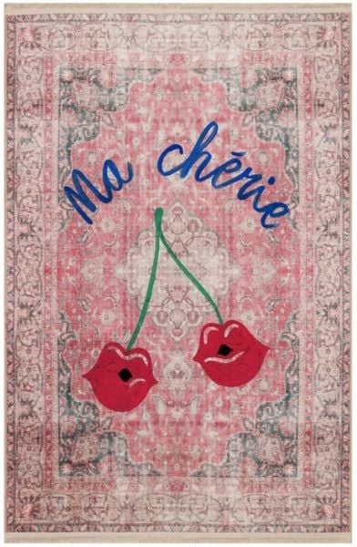 Drom Kaymaz Tabanlı Yıkanabilir Vintage Kırmızı Kiraz Ma Cherie Yazılı Halı Kilim