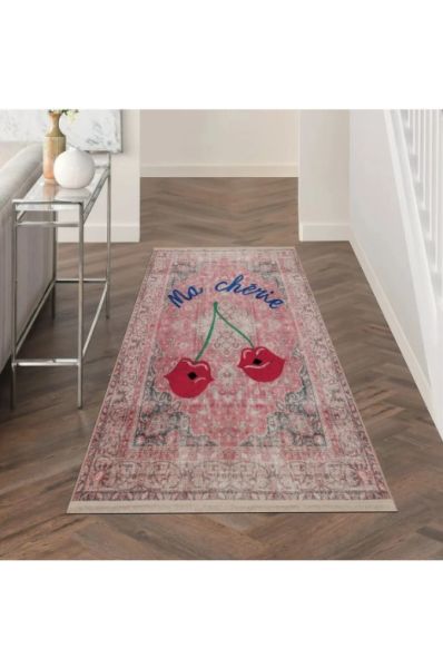 Drom Kaymaz Tabanlı Yıkanabilir Vintage Kırmızı Ma Cherie Yazılı Halı