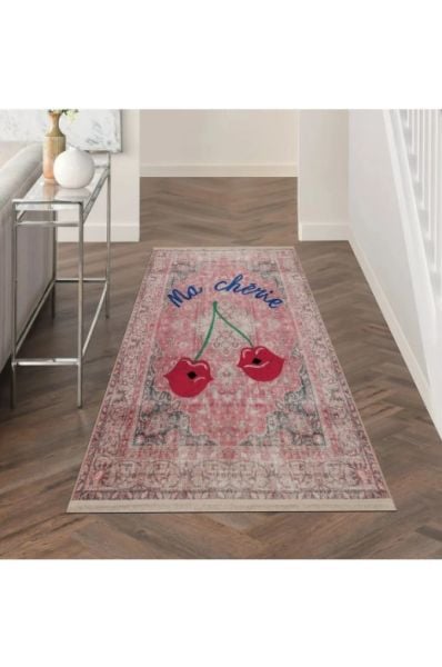 Drom Kaymaz Tabanlı Yıkanabilir Vintage Kırmızı Kiraz Ma Cherie Yazılı Halı Kilim