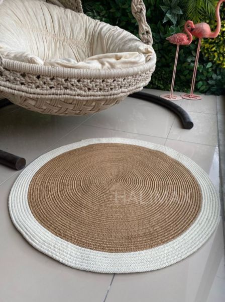 Milda 69 Jüt Hasırlı El Örgüsü Çift Taraflı Kilim Yuvarlak Beyaz Bordürlü Jüt Halı