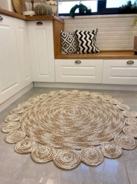 Milda 85 Jüt Hasırlı El Örgüsü Çift Taraflı Kilim Yuvarlak Jüt Halı Kilim