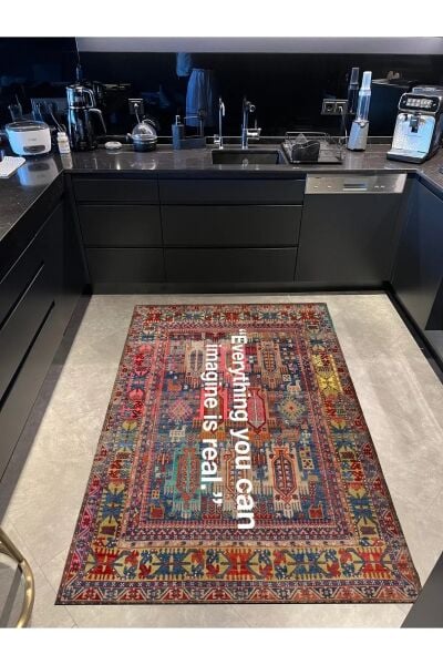 Drom Dokuma Taban Makinede Yıkanabilen Kilim Kaymaz Şönil Multi Modern Yazı Temalı Halı