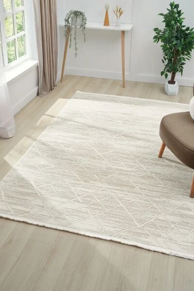 Seyran Halı Asya 522 Bej Akrilik Salon Halısı Yolluk Modern Akrilik Halı Dokuma Taban Saçaklı Modern Şık Halı