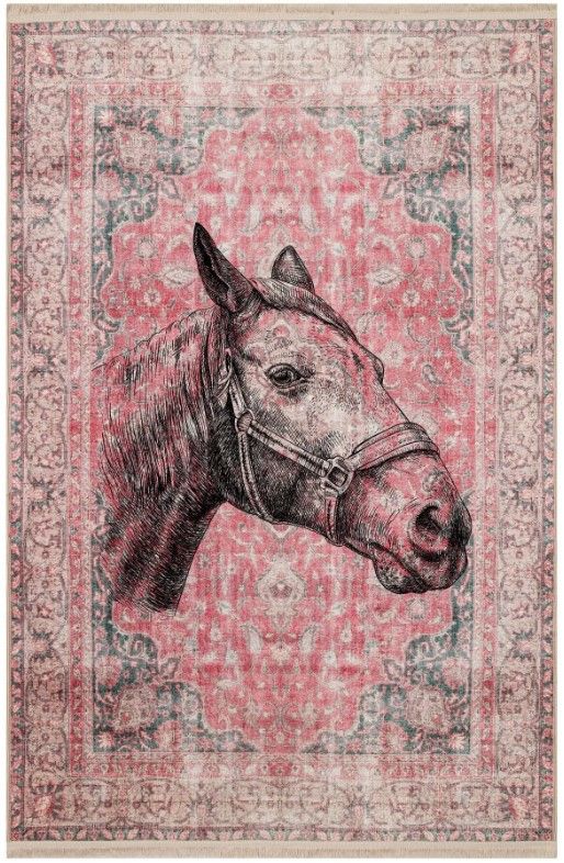 Drom Kaymaz Tabanlı Yıkanabilir Kırmızı Vintage At Figürlü Etnik Halı