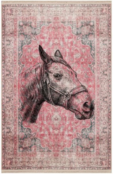 Drom Kaymaz Tabanlı Yıkanabilir Kırmızı Vintage At Figürlü Etnik Halı