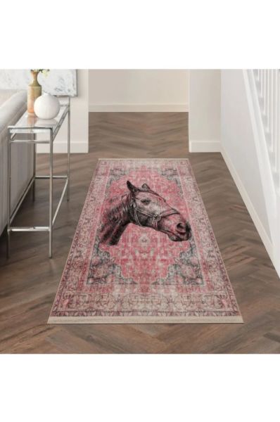 Drom Kaymaz Tabanlı Yıkanabilir Kırmızı Vintage At Figürlü Etnik Halı