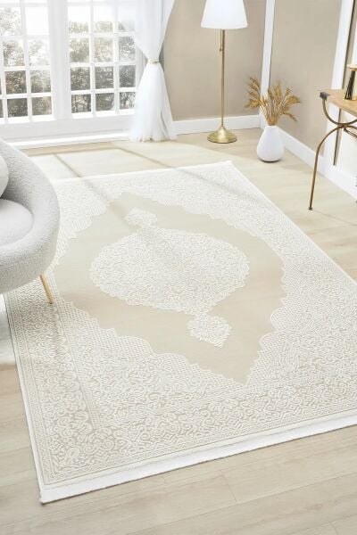 Seyran Halı Asya 524 Bej Akrilik Salon Halısı Yolluk Modern Akrilik Halı Dokuma Taban Saçaklı Modern Şık Halı