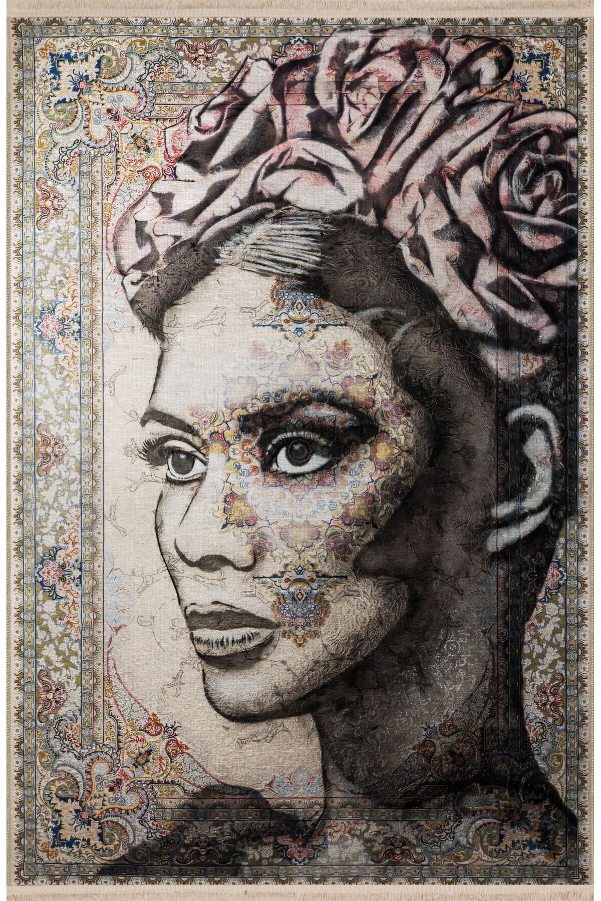 Drom Dokuma Taban Makinede Yıkanabilen Kilim Kaymaz Şönil Soyut Kadın Portre Desenli Kreatif Halı