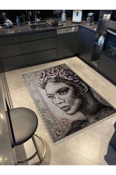 Drom Dokuma Taban Makinede Yıkanabilen Kilim Kaymaz Şönil Soyut Kadın Portre Desenli Kreatif Halı