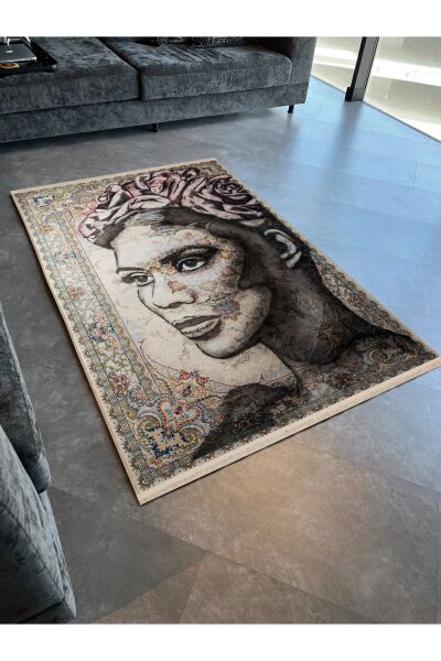 Drom Dokuma Taban Makinede Yıkanabilen Kilim Kaymaz Şönil Soyut Kadın Portre Desenli Kreatif Halı