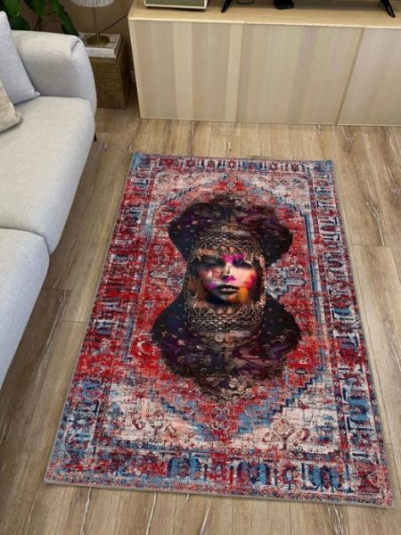 Drom Kaymaz Tabanlı Yıkanabilir Etnik Anadolu Motifli Modern Halı