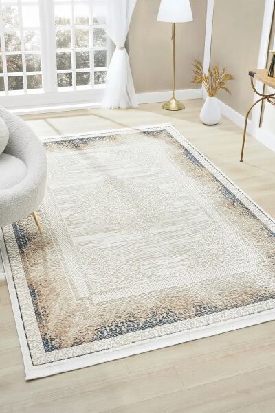 Seyran Halı Asya 525 Mavi Akrilik Çerçeveli Klasik Desen Salon Halısı Yolluk Modern Akrilik Halı Dokuma Taban Saçaklı Modern Şık Halı