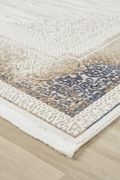 Seyran Halı Asya 525 Mavi Akrilik Çerçeveli Klasik Desen Salon Halısı Yolluk Modern Akrilik Halı Dokuma Taban Saçaklı Modern Şık Halı