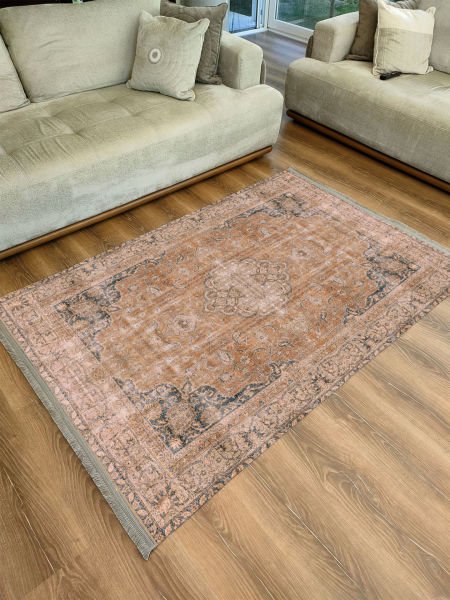 Drom Kaymaz Tabanlı Yıkanabilir Eskitme Desenli Salon Halısı