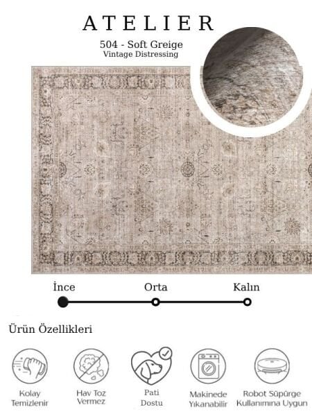 Atelier 504 Soft Greige Eskitme Vintage Halı Etnik Dokuma Otantik Yıkanabilir Salon Mutfak Yatak Odası Koridor Halısı