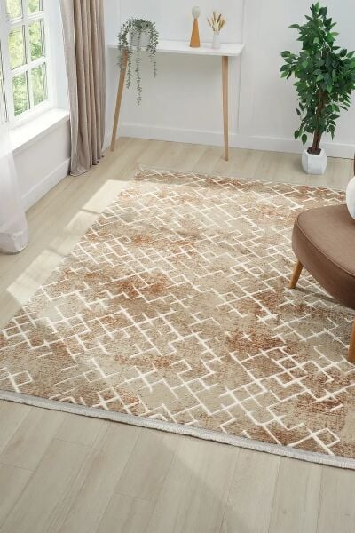 Seyran Halı Asya 521 Terra Akrilik Salon Halısı Yolluk Modern Akrilik Halı Dokuma Taban Saçaklı Modern Şık Halı