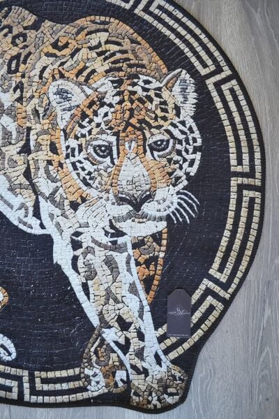 Drom Dokuma Taban Makinede Yıkanabilen Kilim Kaymaz Şönil Kaplan Temalı Modern Yuvarlak Dekoratif Halı