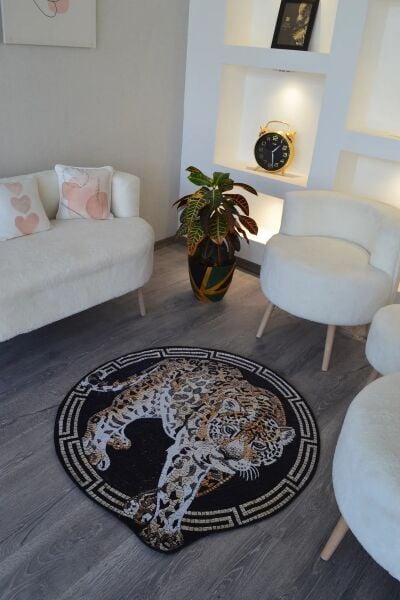 Drom Dokuma Taban Makinede Yıkanabilen Kilim Kaymaz Şönil Kaplan Temalı Modern Yuvarlak Dekoratif Halı