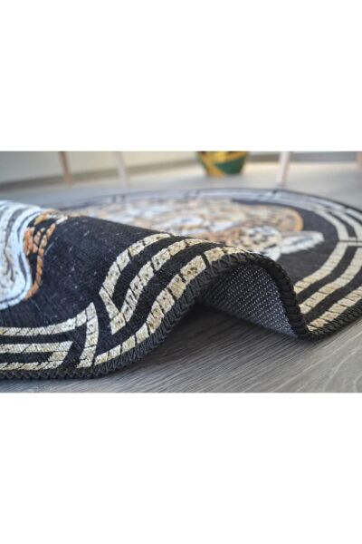 Drom Dokuma Taban Makinede Yıkanabilen Kilim Kaymaz Şönil Kaplan Temalı Modern Yuvarlak Dekoratif Halı