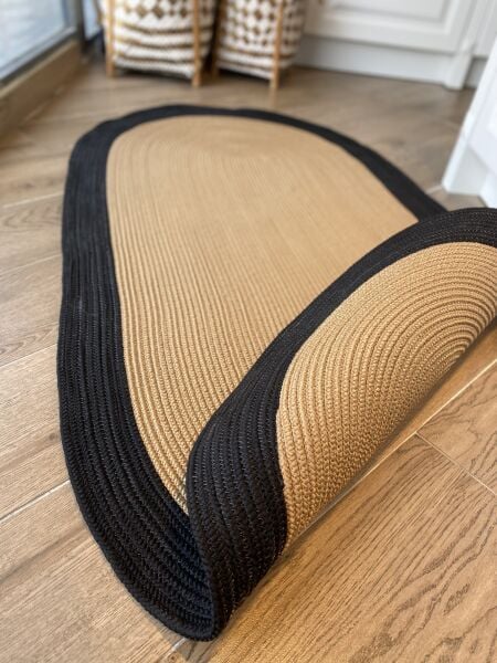 Milda 98 Bordürlü Jüt Hasırlı El Örgüsü Çift Taraflı Kilim Siyah Kahverengi Oval Jüt Halı