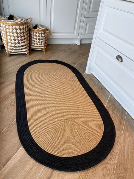 Milda 98 Bordürlü Jüt Hasırlı El Örgüsü Çift Taraflı Kilim Siyah Kahverengi Oval Jüt Halı