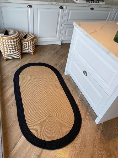 Milda 98 Bordürlü Jüt Hasırlı El Örgüsü Çift Taraflı Kilim Siyah Kahverengi Oval Jüt Halı