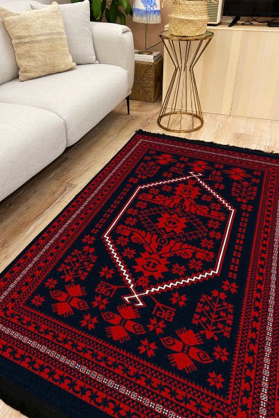 Drom Kaymaz Tabanlı Yıkanabilir Kırmızı Etnik Eskitme Vintage Halı