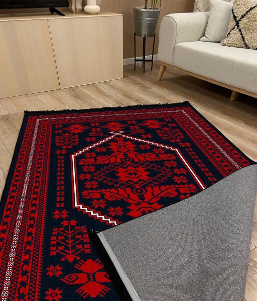 Drom Kaymaz Tabanlı Yıkanabilir Kırmızı Etnik Eskitme Vintage Halı
