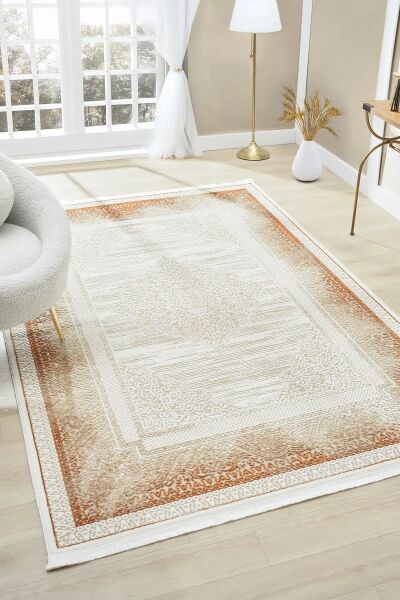 Seyran Halı Asya 525 Terra Çerçeveli Akrilik Salon Halısı Yolluk Modern Akrilik Halı Dokuma Taban Saçaklı Modern Şık Halı