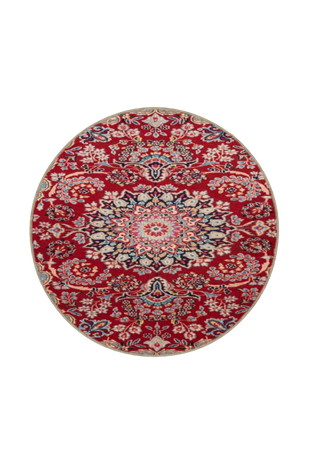 Drom Dokuma Taban Makinede Yıkanabilen Kilim Kaymaz Şönil Geleneksel Motifli Yuvarlak  Halı
