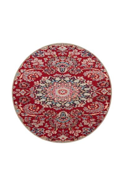 Drom Dokuma Taban Makinede Yıkanabilen Kilim Kaymaz Şönil Geleneksel Motifli Yuvarlak  Halı