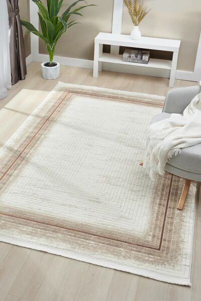 Seyran Halı Asya 526 Terra Çerçeveli Akrilik Salon Halısı Yolluk Modern Akrilik Halı Dokuma Taban Saçaklı Modern Şık Halı