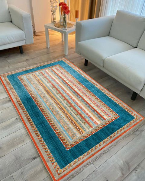 Drom Kaymaz Tabanlı Yıkanabilir Renkli Mavi Çizgili Modern Halı