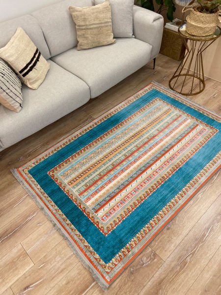 Drom Kaymaz Tabanlı Yıkanabilir Renkli Mavi Çizgili Modern Halı