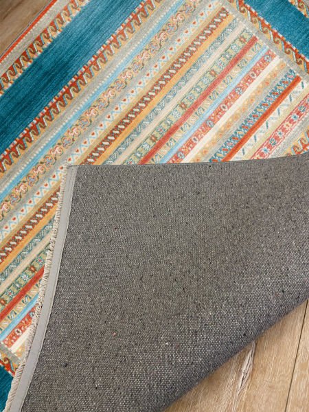 Drom Kaymaz Tabanlı Yıkanabilir Renkli Mavi Çizgili Modern Halı