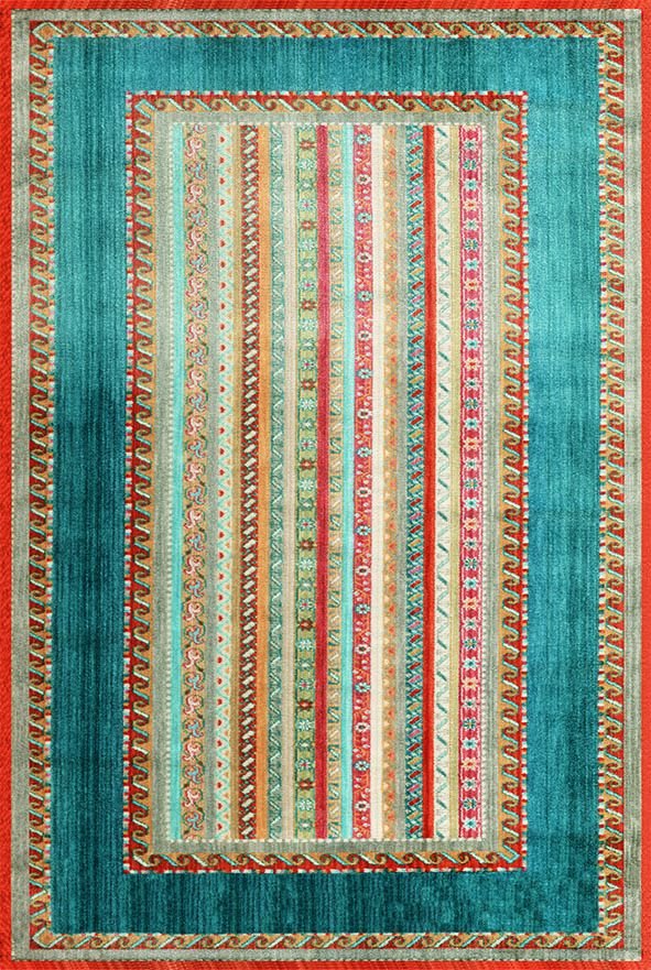 Drom Kaymaz Tabanlı Yıkanabilir Renkli Mavi Çizgili Modern Halı