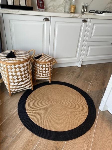 Milda 98 Jüt Hasırlı El Örgüsü Çift Taraflı Kilim Yuvarlak Siyah Bordürlü Jüt Halı