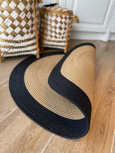 Milda 98 Jüt Hasırlı El Örgüsü Çift Taraflı Kilim Yuvarlak Siyah Bordürlü Jüt Halı