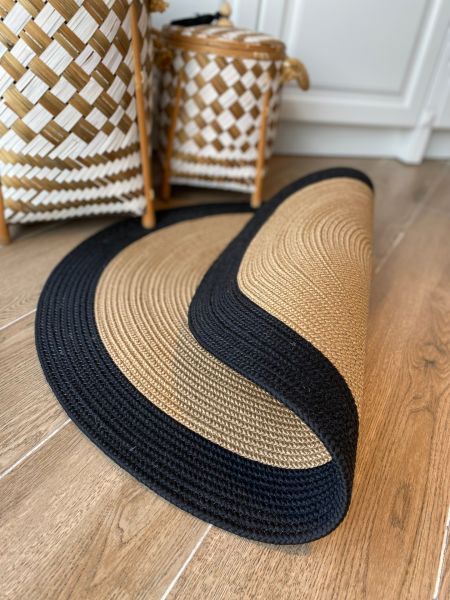 Milda 98 Jüt Hasırlı El Örgüsü Çift Taraflı Kilim Yuvarlak Siyah Bordürlü Jüt Halı