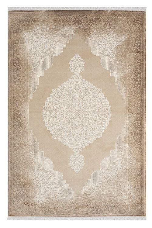 Seyran Halı Asya 524 Vizon Çerçeveli Akrilik Salon Halısı Yolluk Modern Akrilik Halı Dokuma Taban Saçaklı Modern Şık Halı